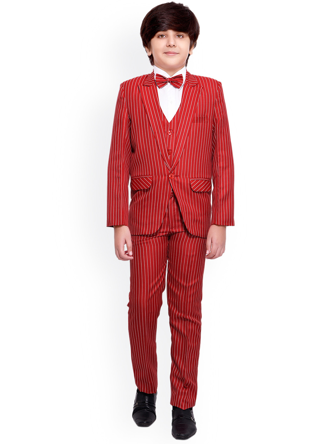 Jeetethnics Boys Red & White Striped Single-Breasted Suit 5-Piece
