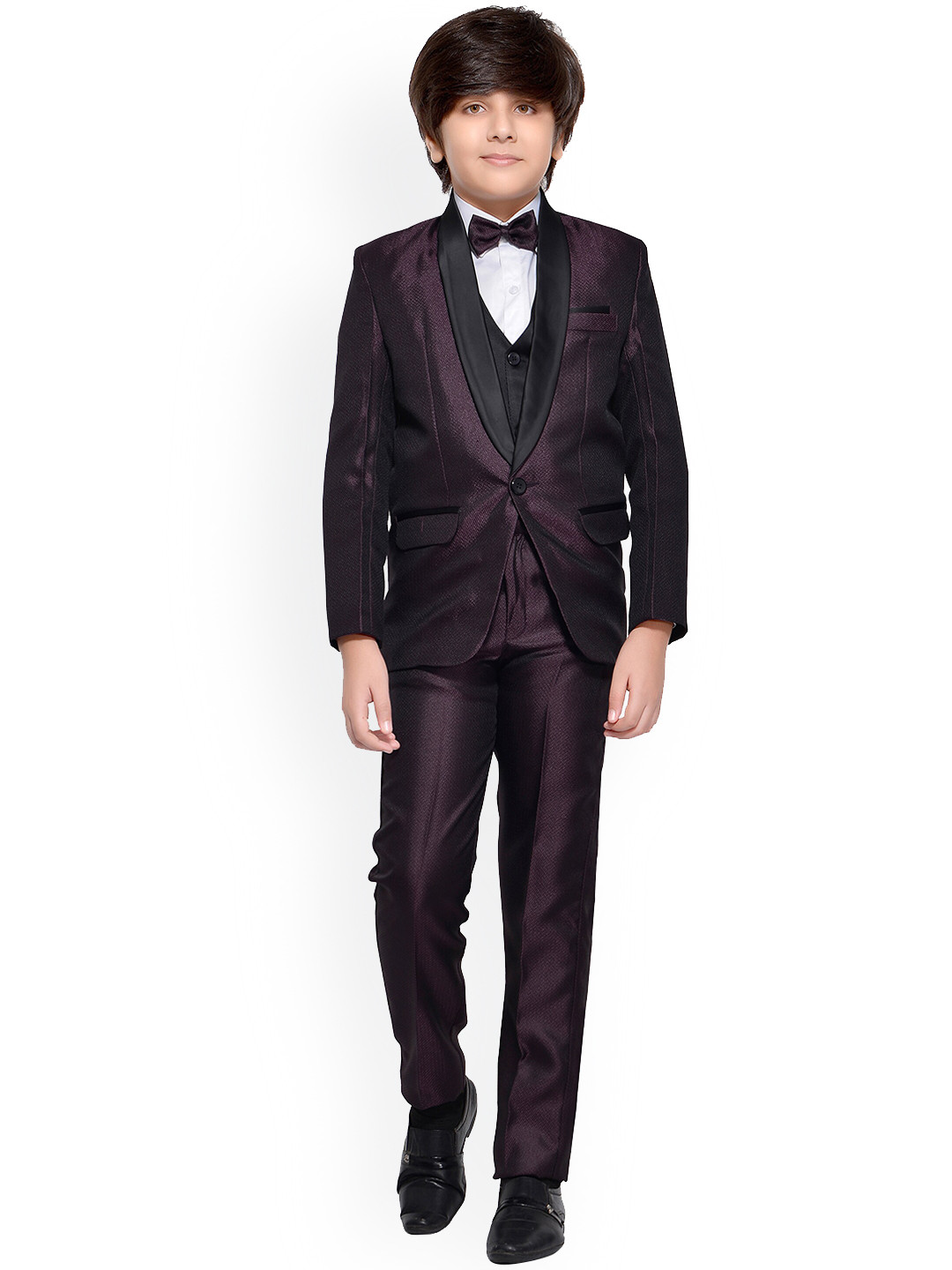 Jeetethnics Boys Burgundy & Black Self Design 5-Piece Single-Breasted Partywear Suit