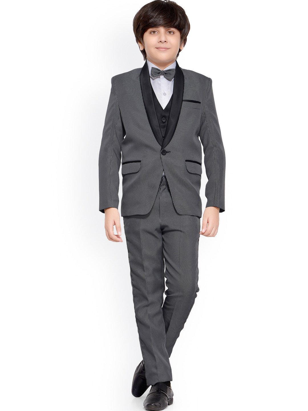 Jeetethnics Boys Grey & Black Self Design 5-Piece Single-Breasted Partywear Suit