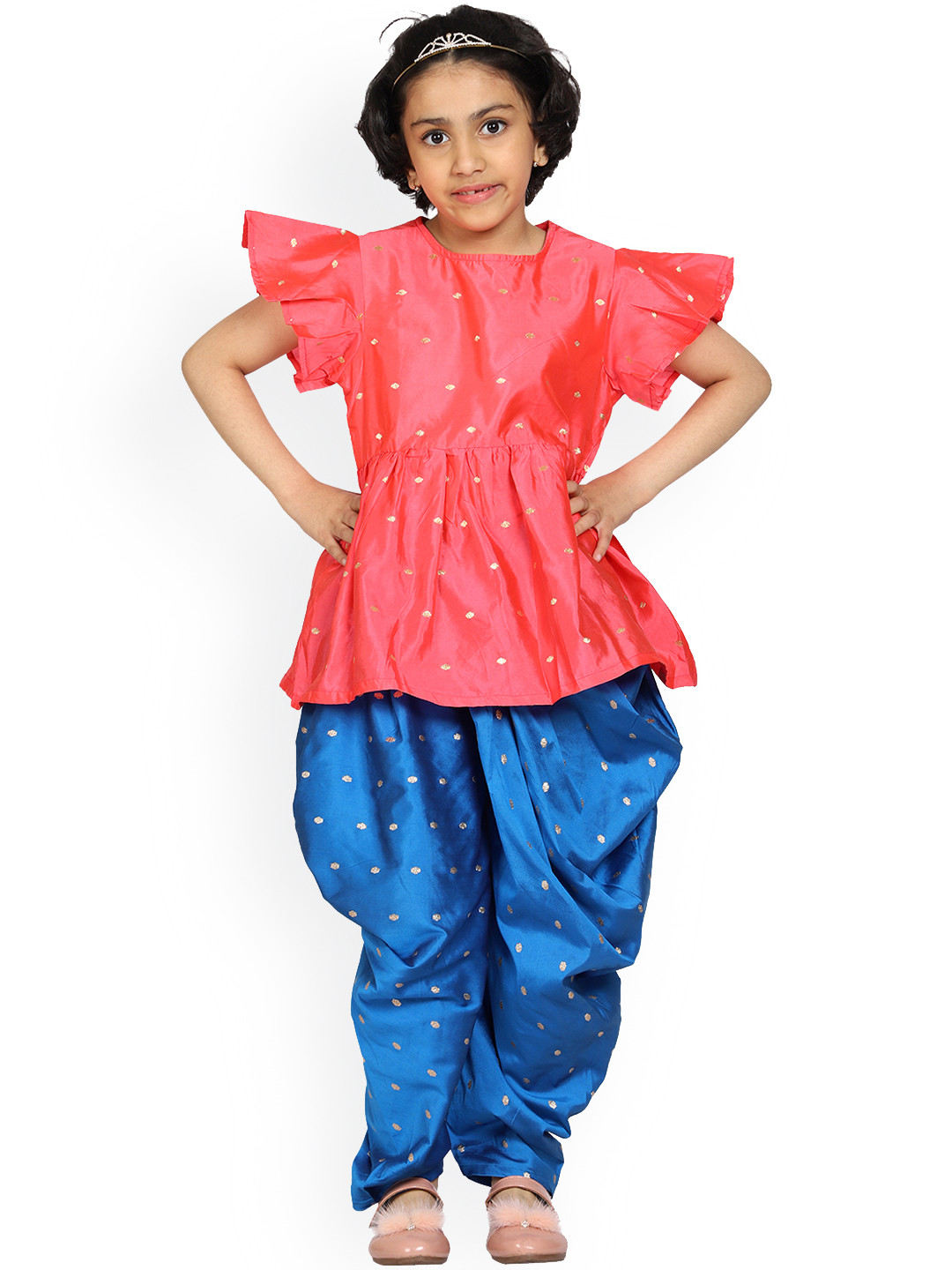 KiddoPanti Girls Pink & Blue Embellished Top& Churidar