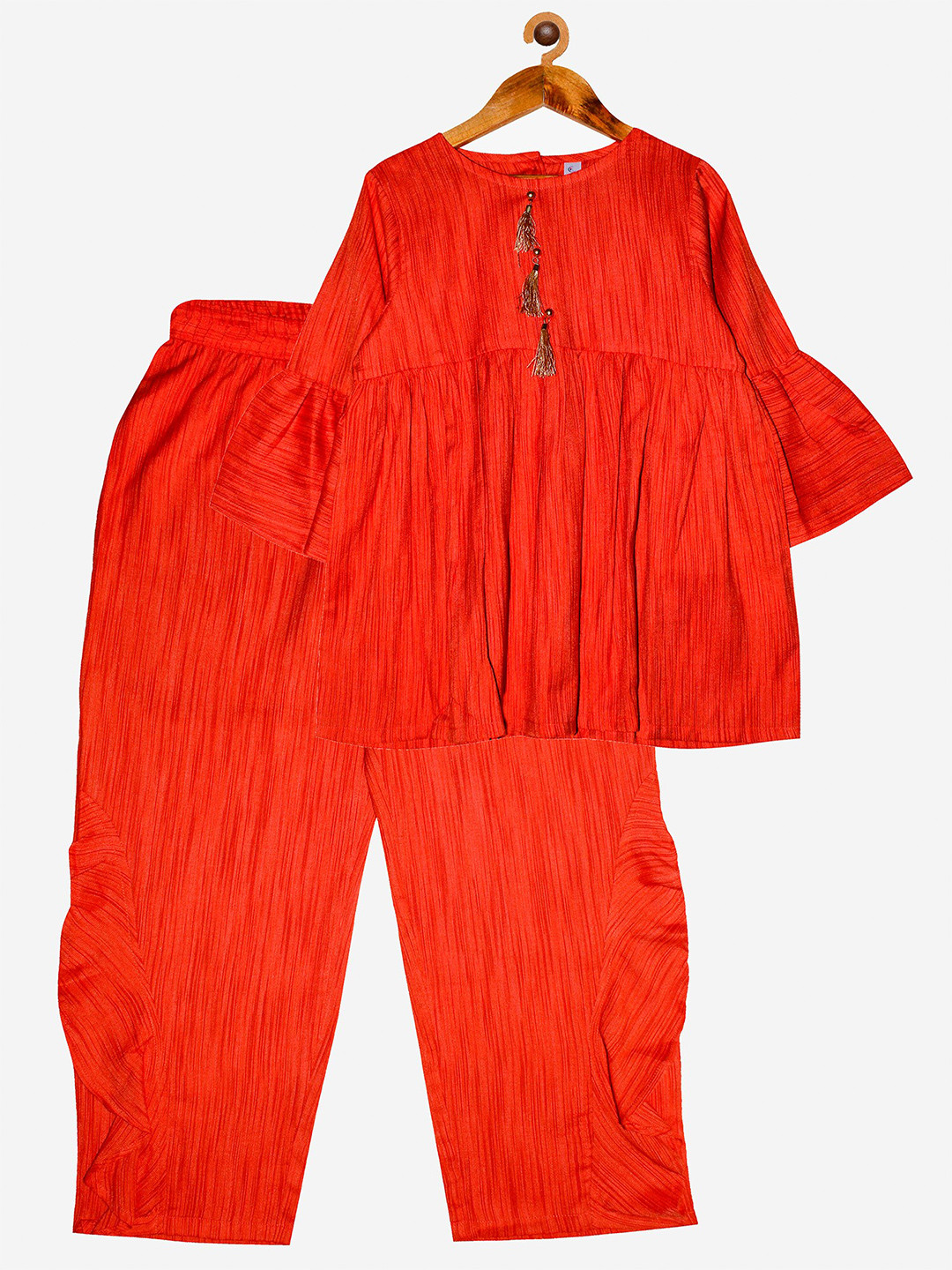 KiddoPanti Girls Orange Striped Kurta& Pyjamas