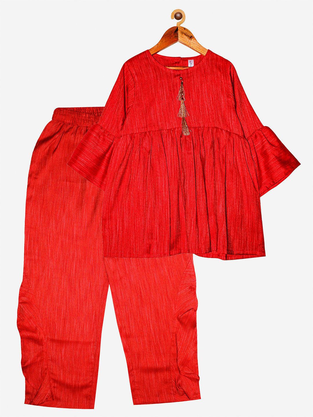 KiddoPanti Girls Red Striped Kurta & Pyjamas