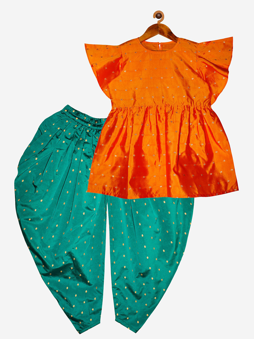 KiddoPanti Girls Orange & Green Printed Top& Churidar