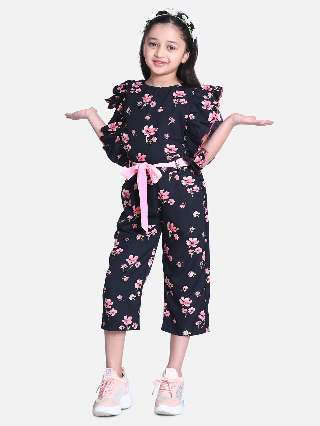Cutiekins Girls Black & Pink Printed Capri Jumpsuit with Ruffles