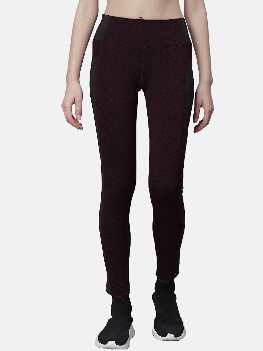 CHKOKKO Women Maroon Solid Stretchable High Waist Yoga Tights