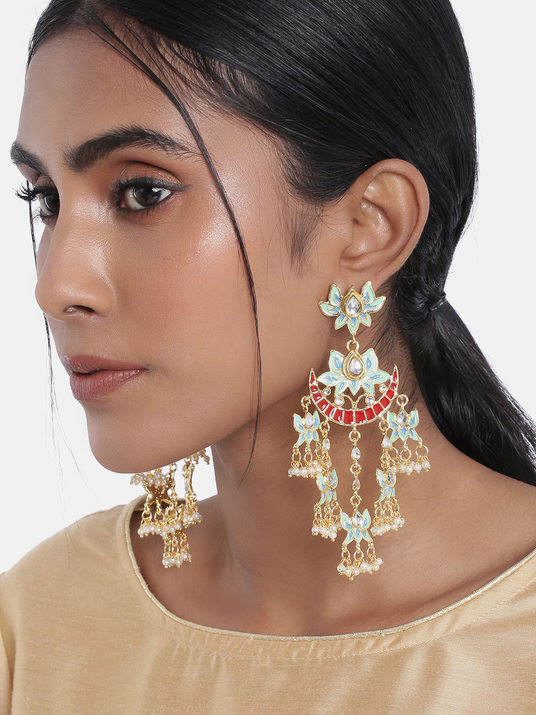 I Jewels Turquoise Blue & Gold-Toned Floral Drop Earrings