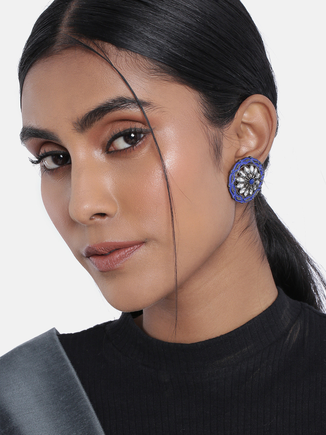 I Jewels Blue & Silver-Toned Circular Studs Earrings