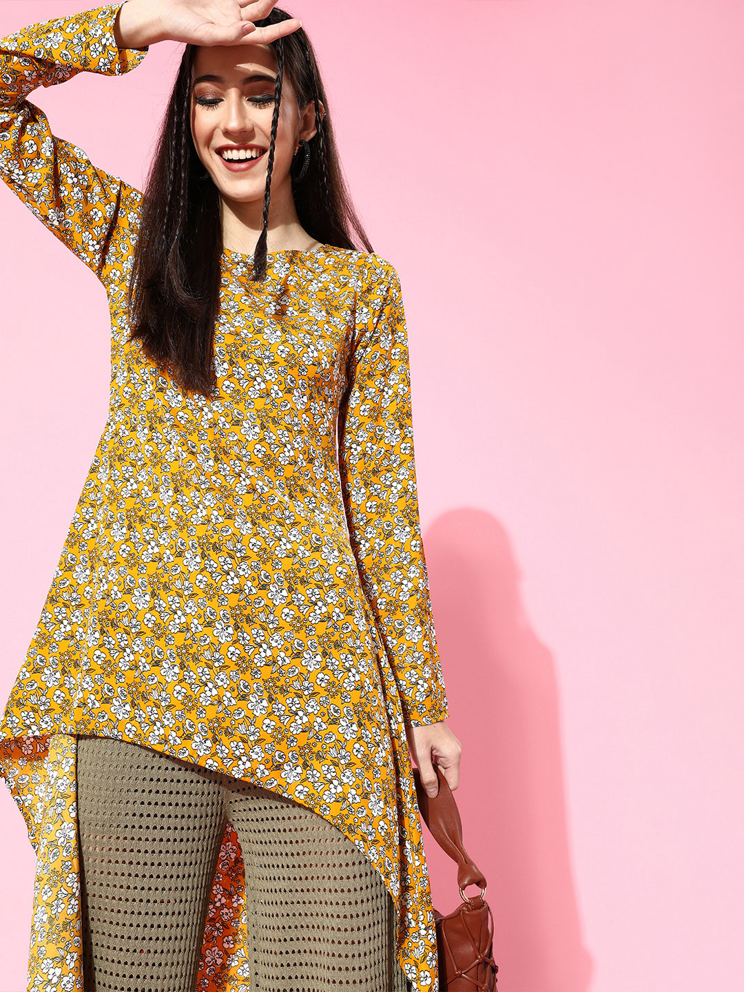 Berrylush Women Stylish Mustard Floral Asymmetrical Top