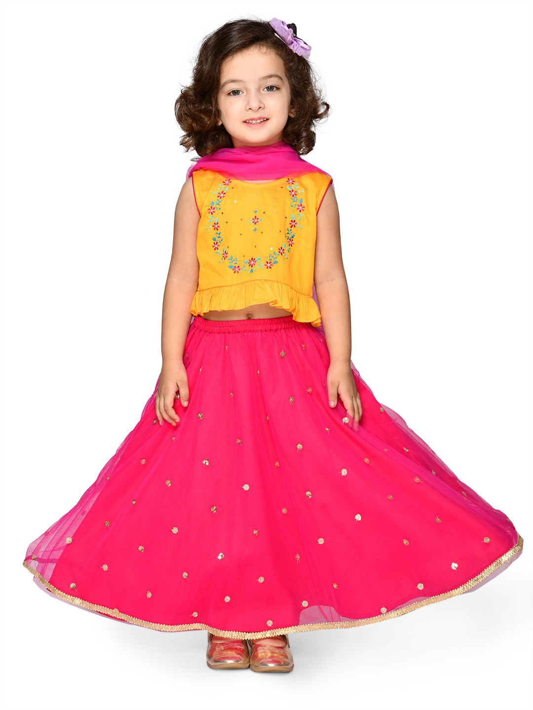 SAKA DESIGNS Girls Yellow & Pink Embroidered Ready To Wear Lehenga Blouse & Dupatta