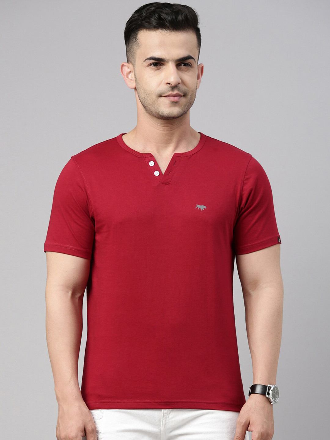 Bushirt Men Maroon Pure Cotton Henley Neck T-shirt