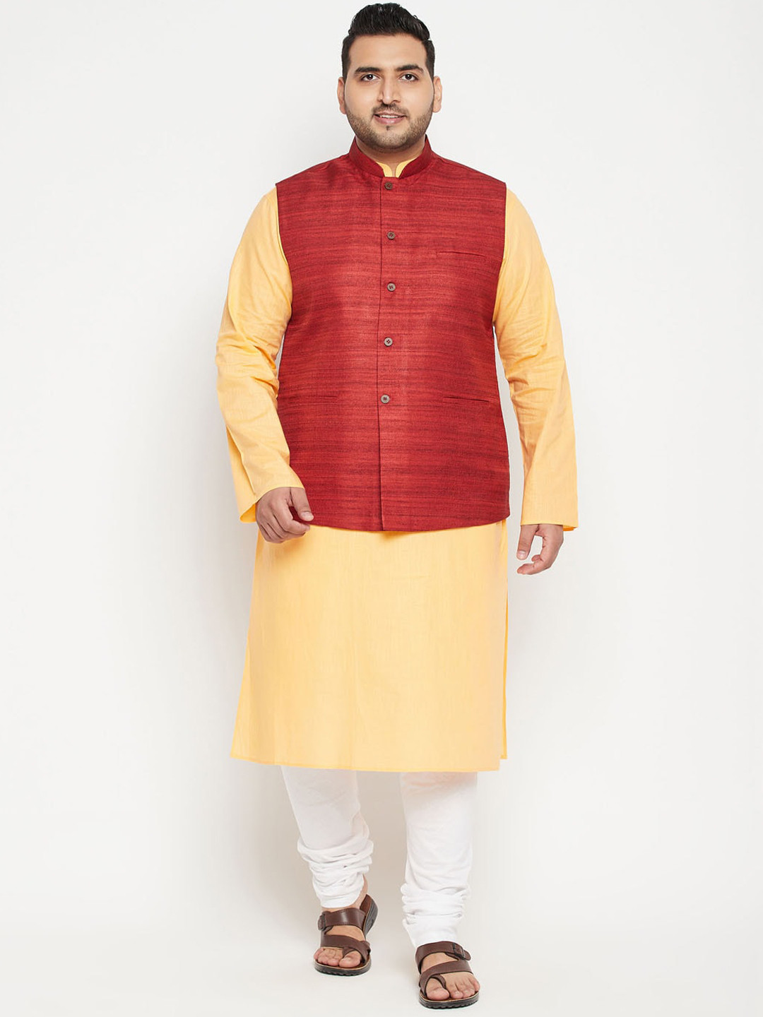 VASTRAMAY Men Yellow & Maroon Woven Designed Straight Kurta with Churidar & Jacket