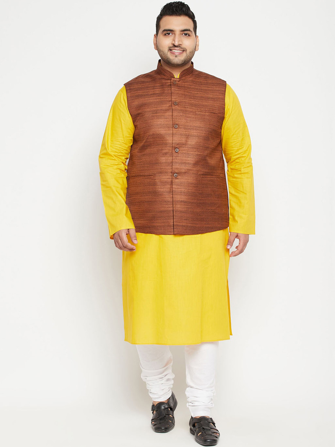 VASTRAMAY Men Yellow & Brown Woven Designed Straight Kurta with Churidar & Jacket