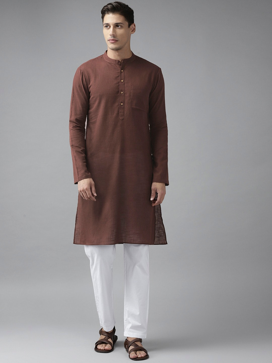 See Designs Men Brown Solid Thread Work Kurta