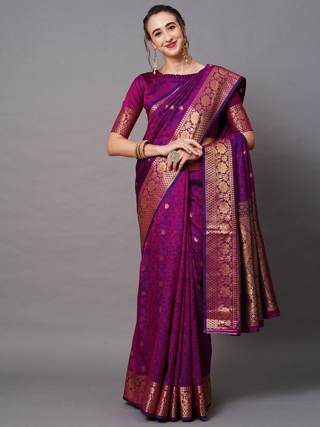 Mitera Magenta & Purple Woven Design Silk Blend Banarasi Saree