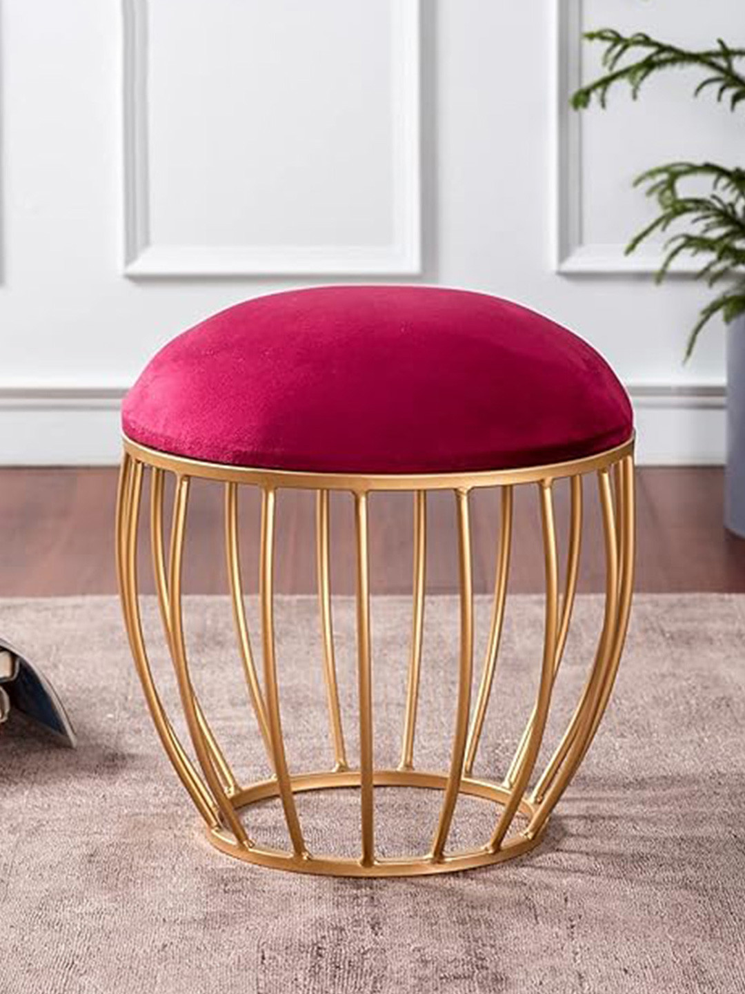 nestroots Maroon & Gold-Toned Solid Velvet Cage Stool