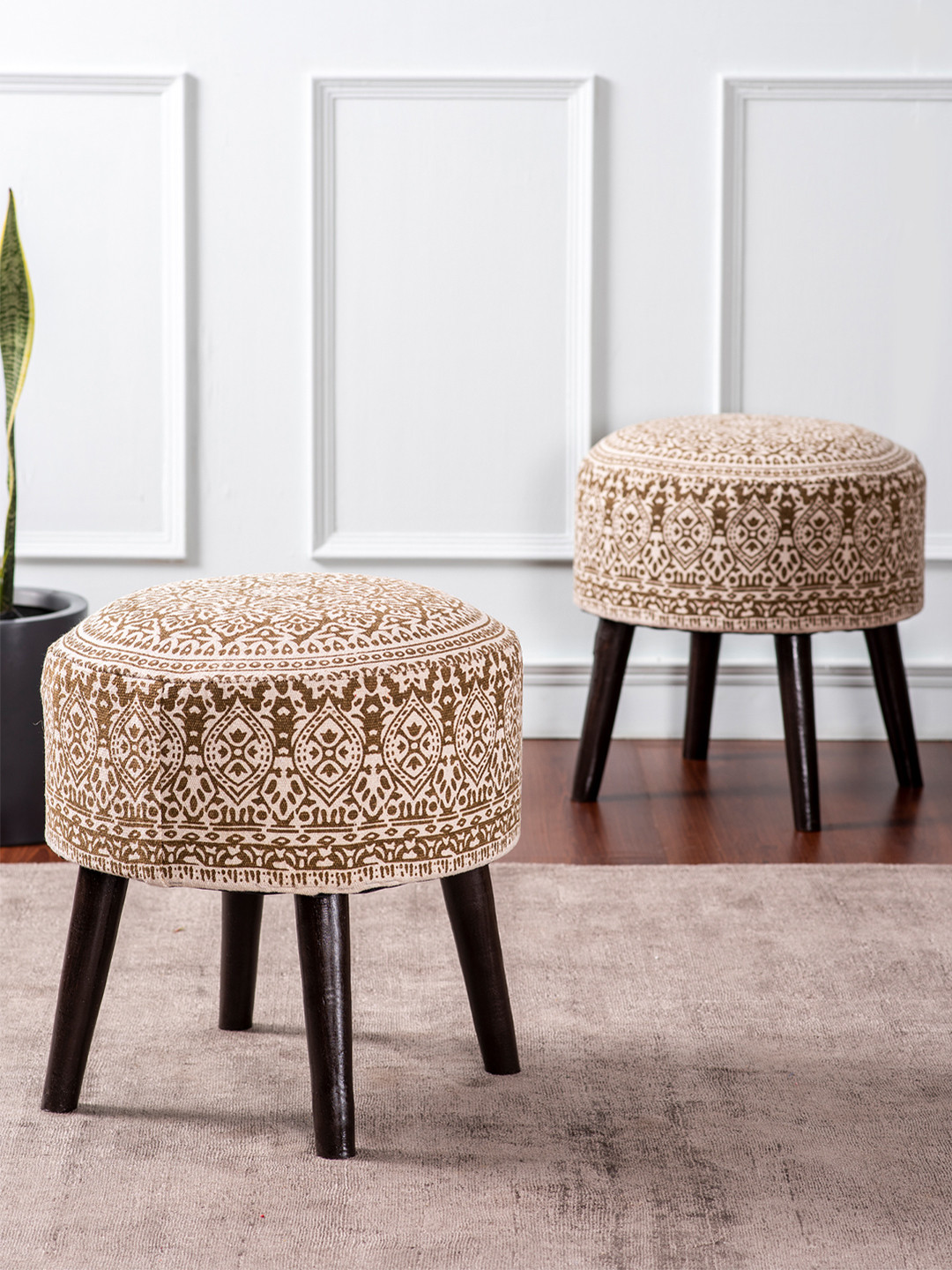 nestroots Yellow Set of 2 Round Foam Cushioned Cotton Pouffy Storage Ottoman