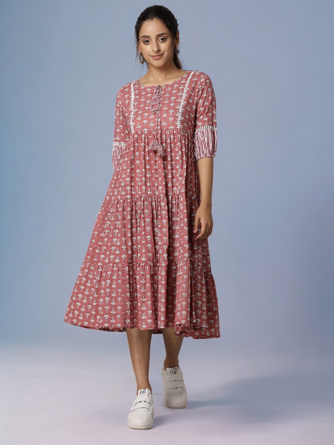 Azira Pink Ethnic Motifs Tie-Up Neck Cotton A-Line Midi Dress