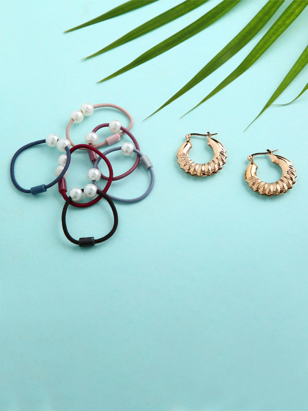 justpeachy Gold-Toned Contemporary Hoop Earrings with Set Of 6 Ponytail Holders Combo