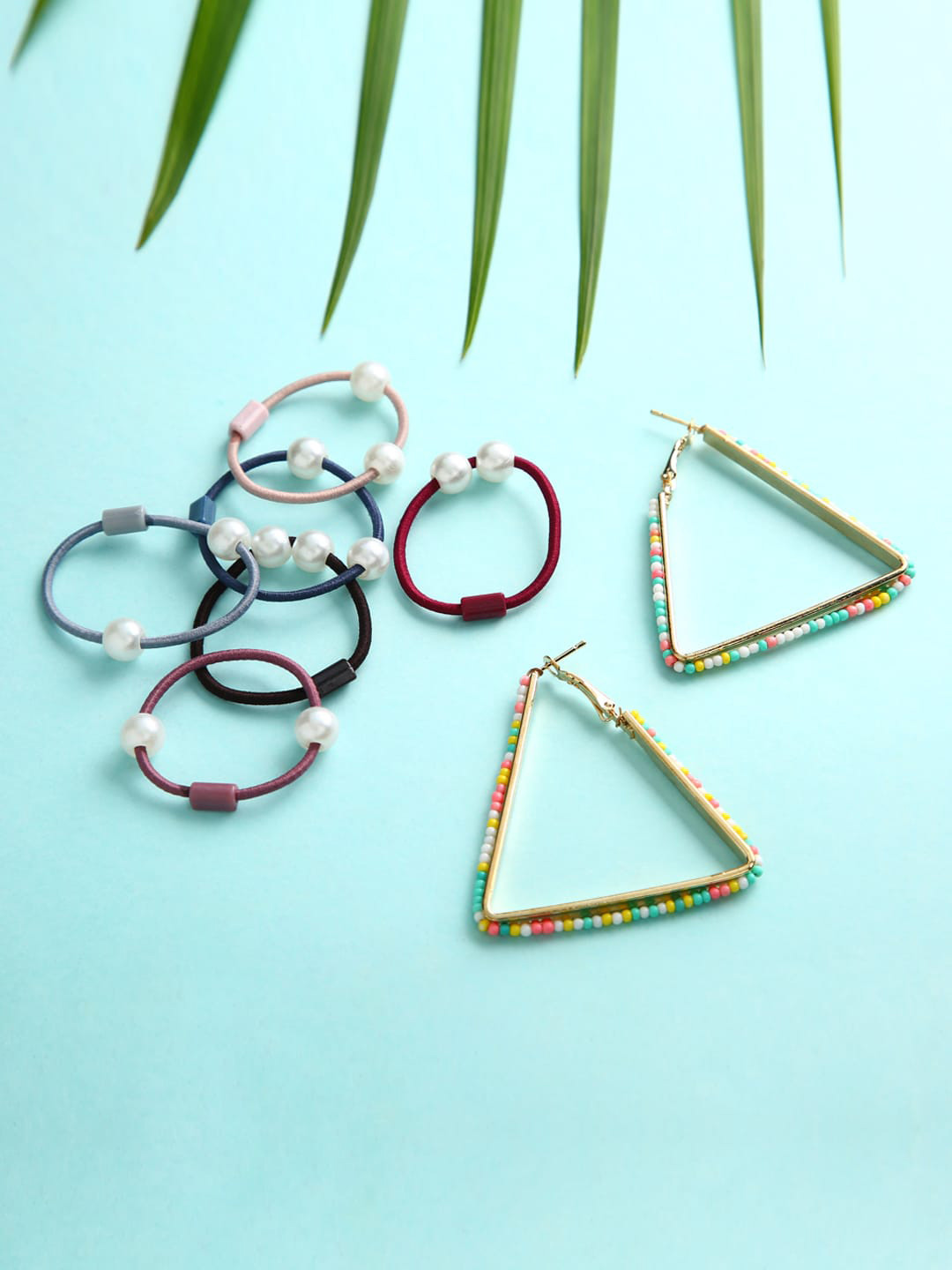 justpeachy Set Of 7 Multicoloured Triangular Hoop Earrings With Ponytail Holders