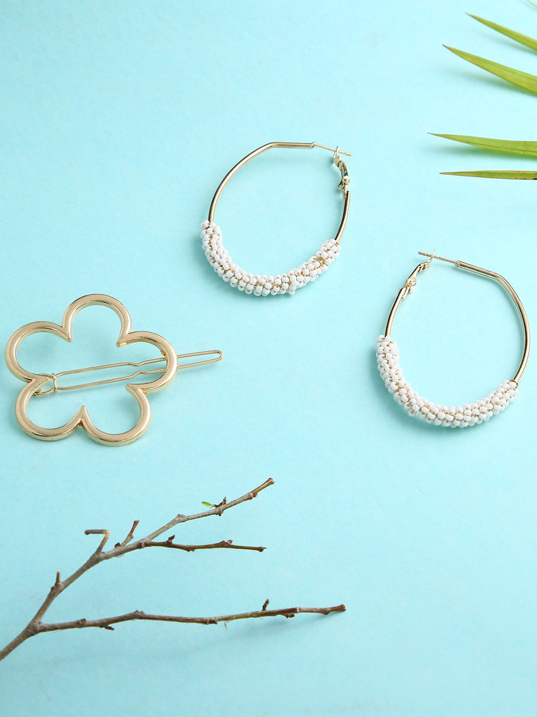 justpeachy White Contemporary Artificial Beads Hoop Earrings With Hair Clip Set