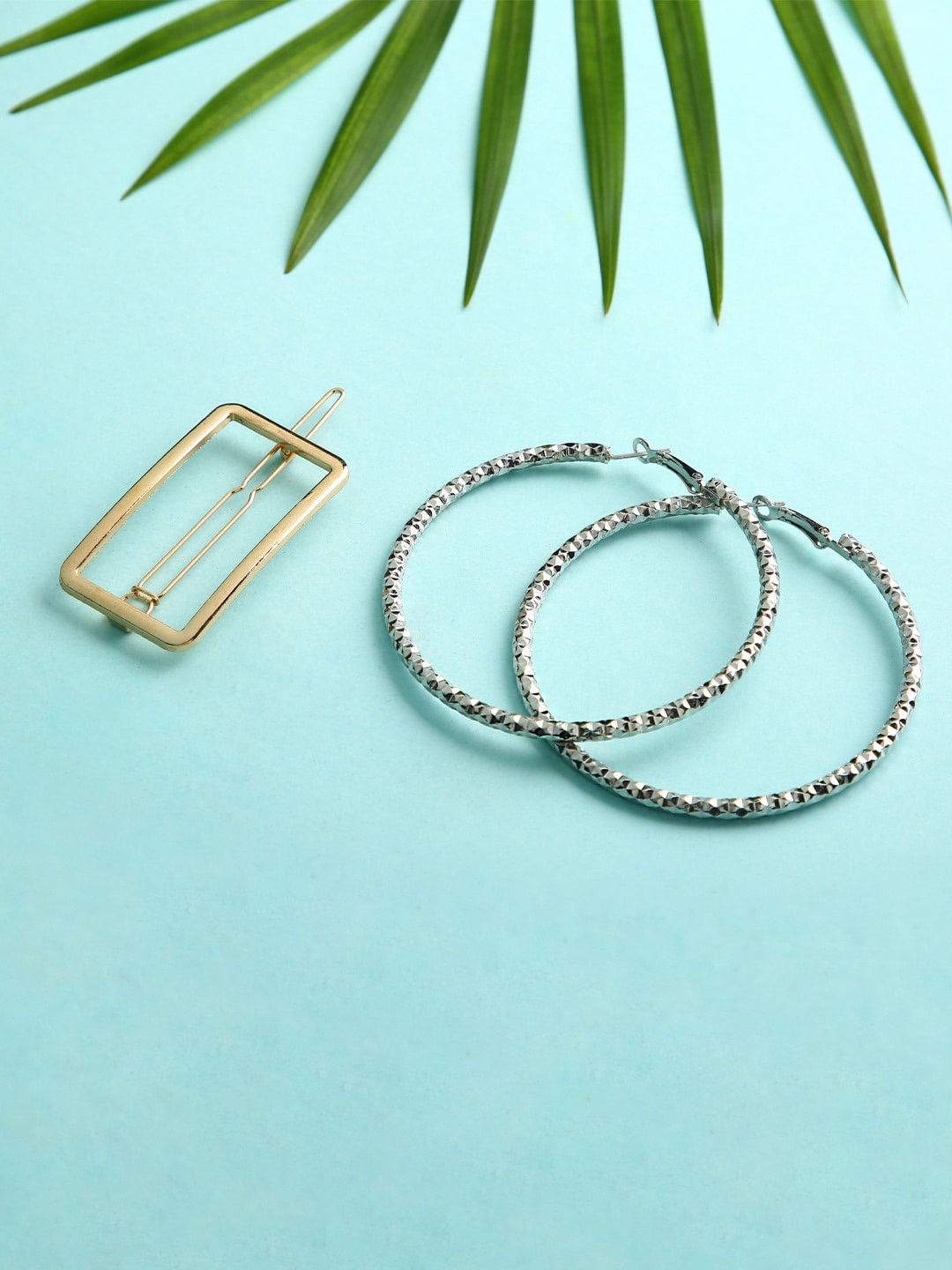 justpeachy Woman Silver-Toned Contemporary Combo of Hoop Earrings & Clip