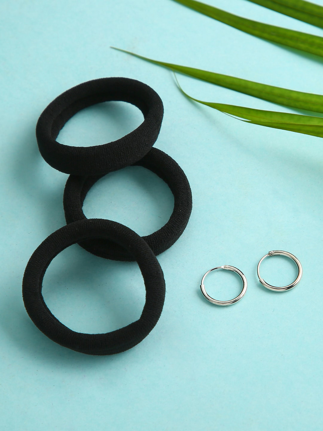 justpeachy Set Of 7 Silver-Toned & Black Ponytail Holders & Contemporary Hoop Earrings