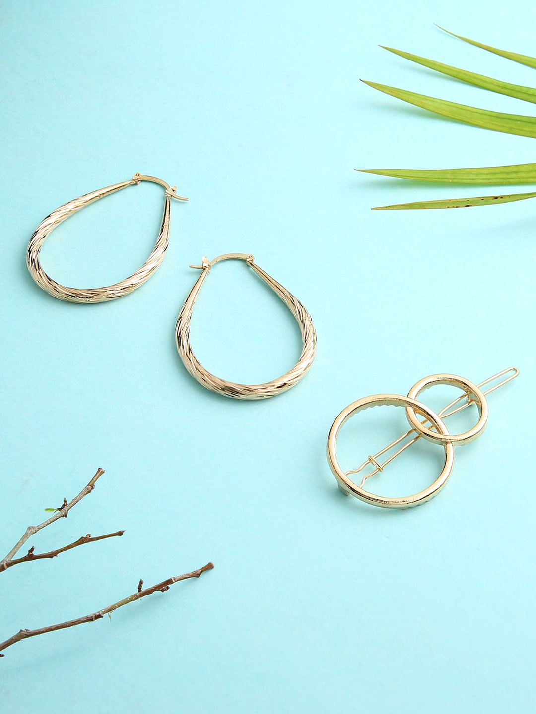 justpeachy Gold-Toned Contemporary Hoop Earrings & Hair Clips Set