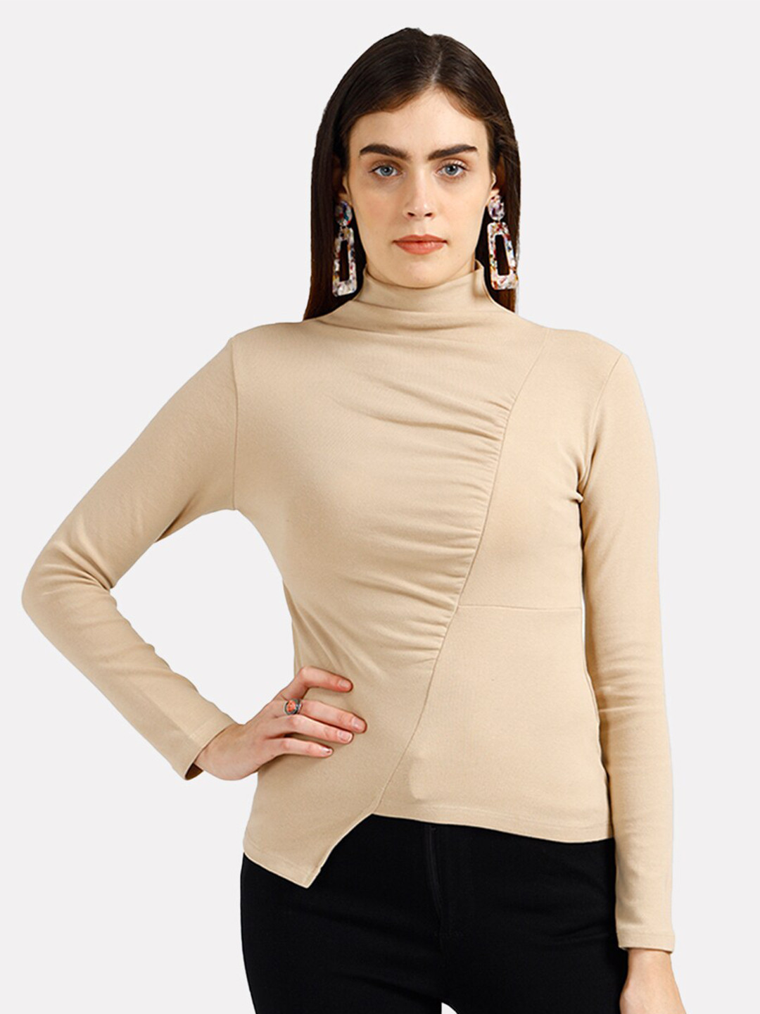 iki chic Beige Asymmetrical Ruched Long Sleeve Top