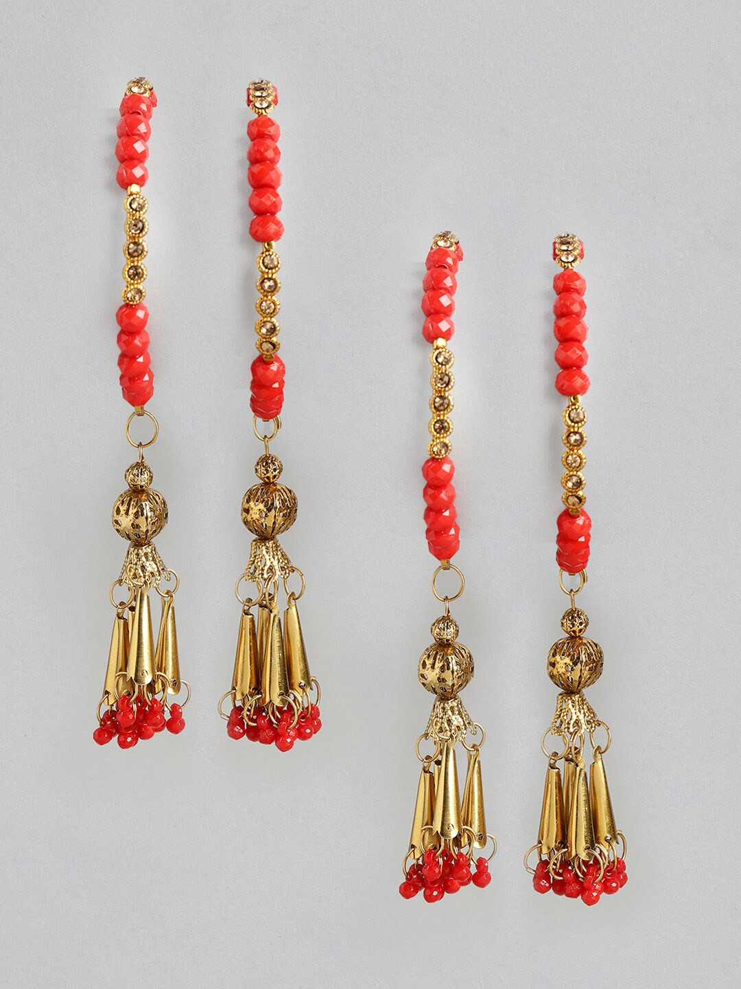 Anouk Set of 4 Gold-Toned & Red Stoned Studded & Beaded Bangles with Danglers