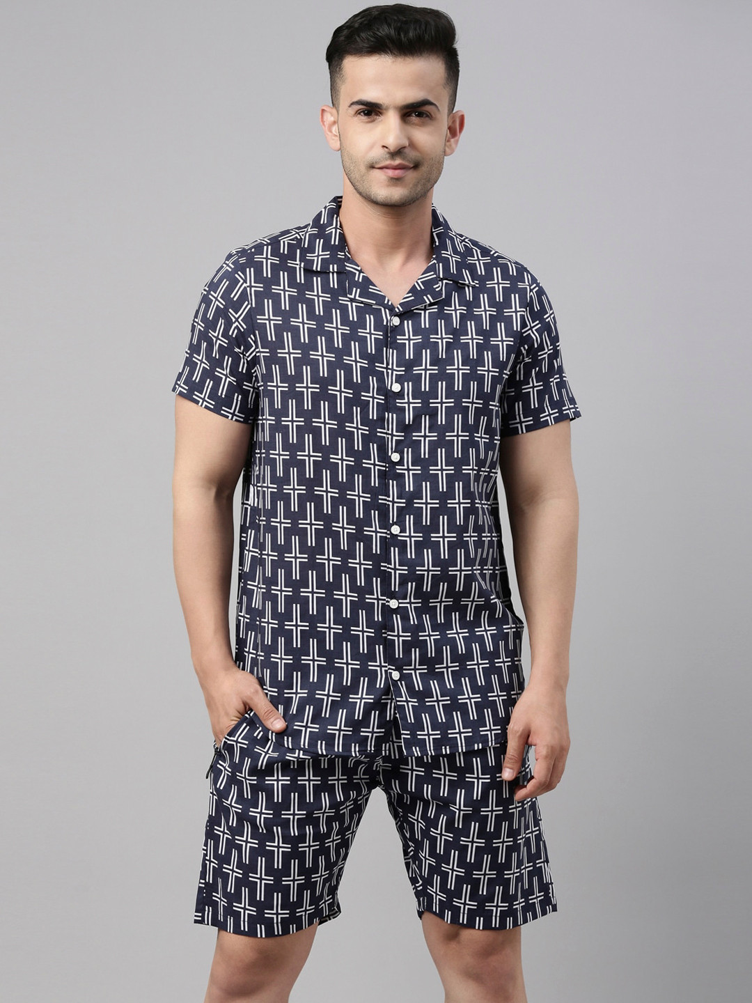 Bushirt Men Navy Blue & White Printed Night Suit