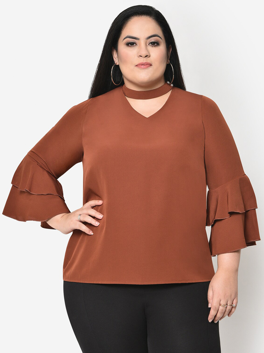 wild U Brown Crepe Plus Size Neck Band Top