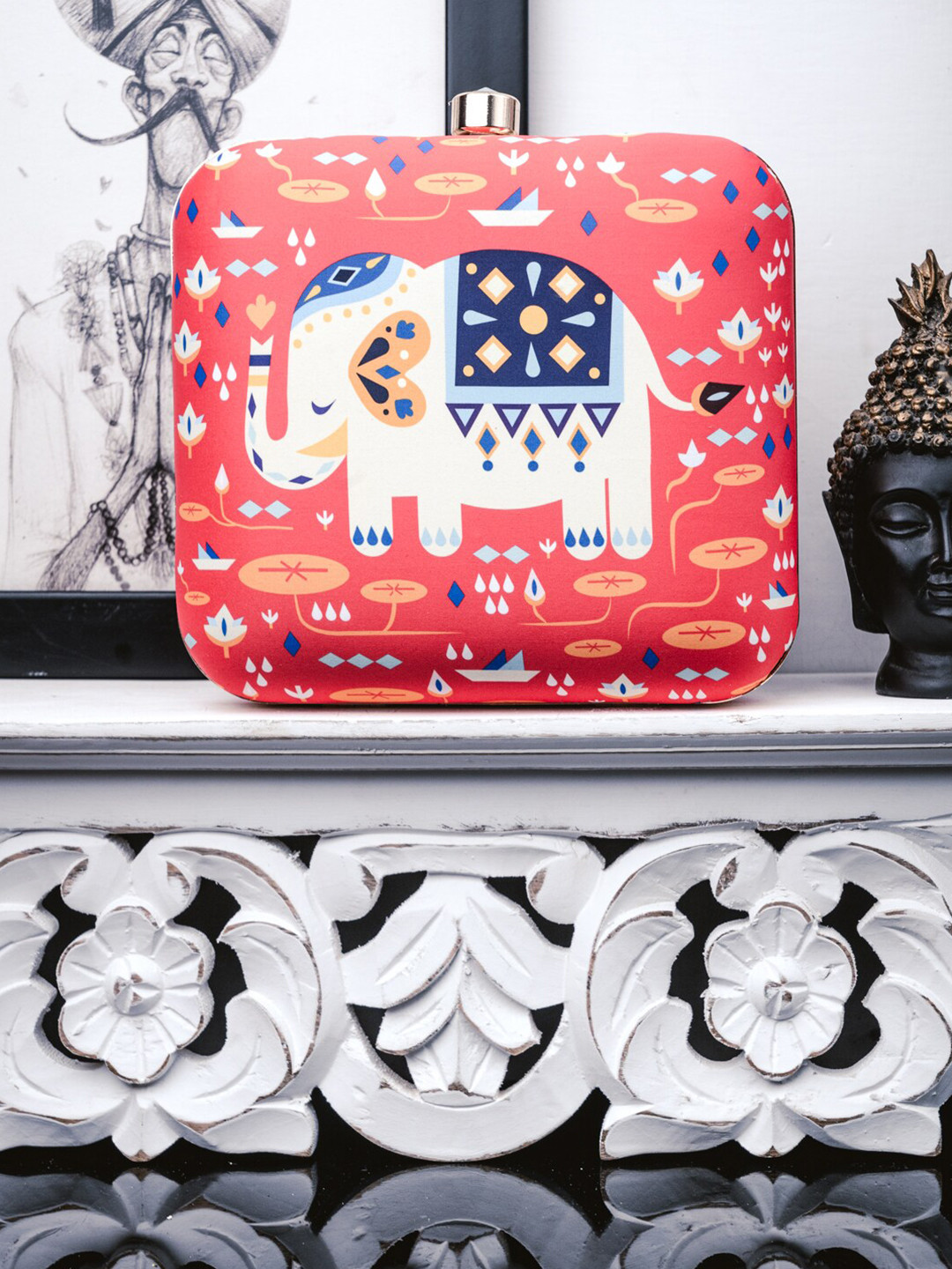 NR By Nidhi Rathi Red & White Printed Box Clutch