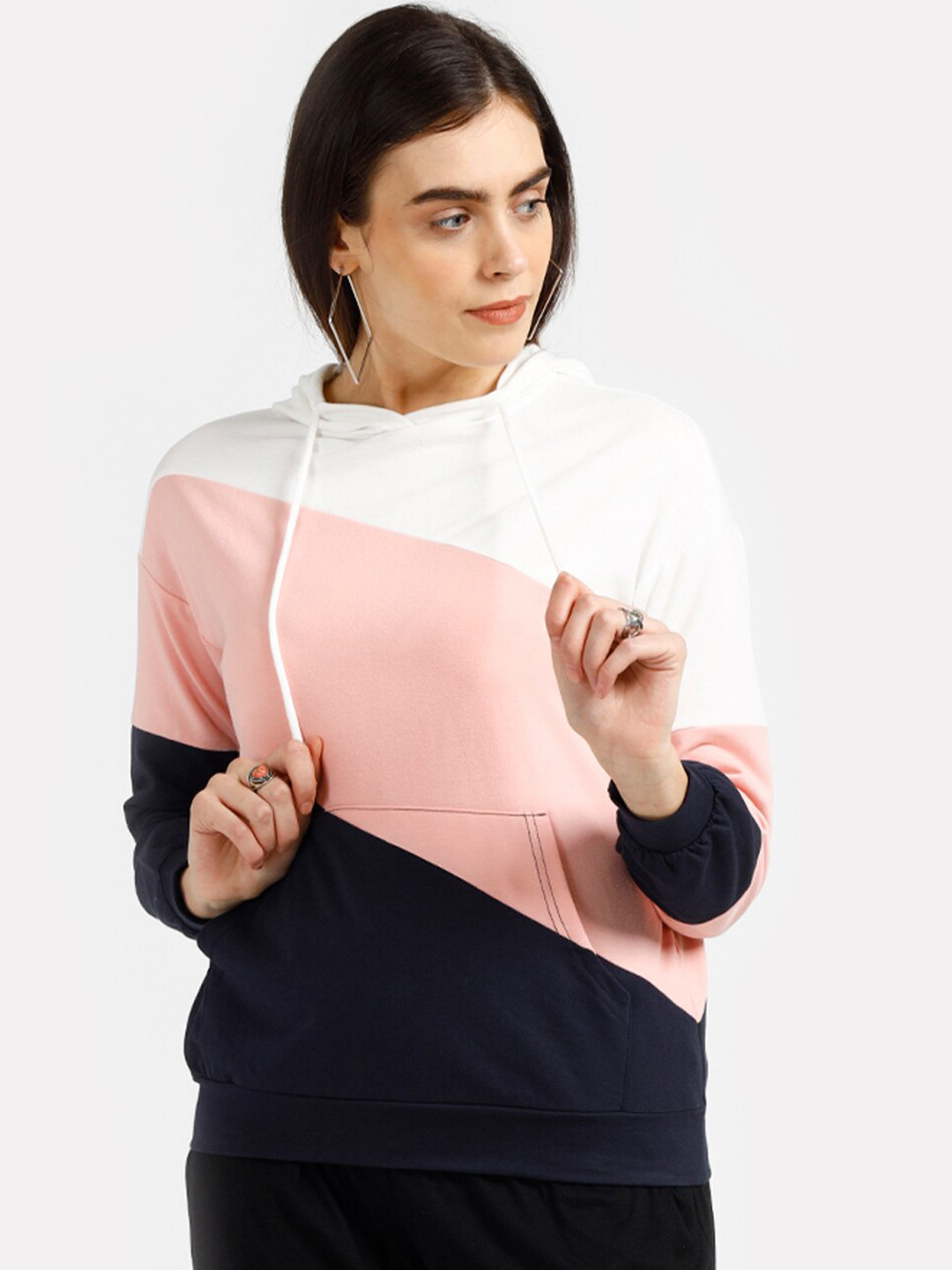 iki chic Women Pink & Black Colourblocked Hooded Sweatshirt