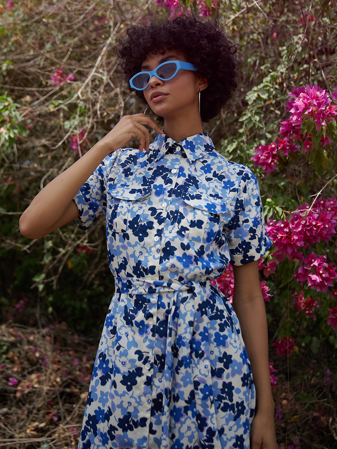 StyleStone Blue & White Floral Crepe Shirt Dress