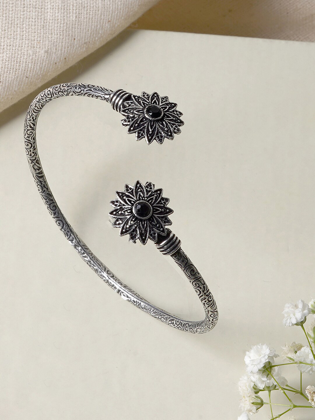 TEEJH Manju Silver Oxidised Floral Bracelet