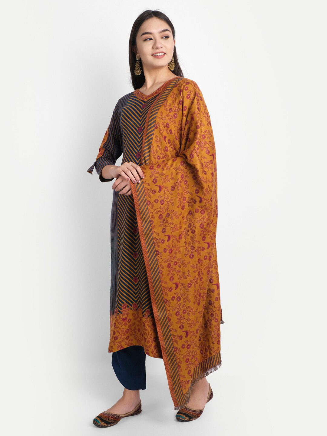 HK colours of fashion Mustard & Blue Woven Design Viscose Rayon Unstitched Dress Material