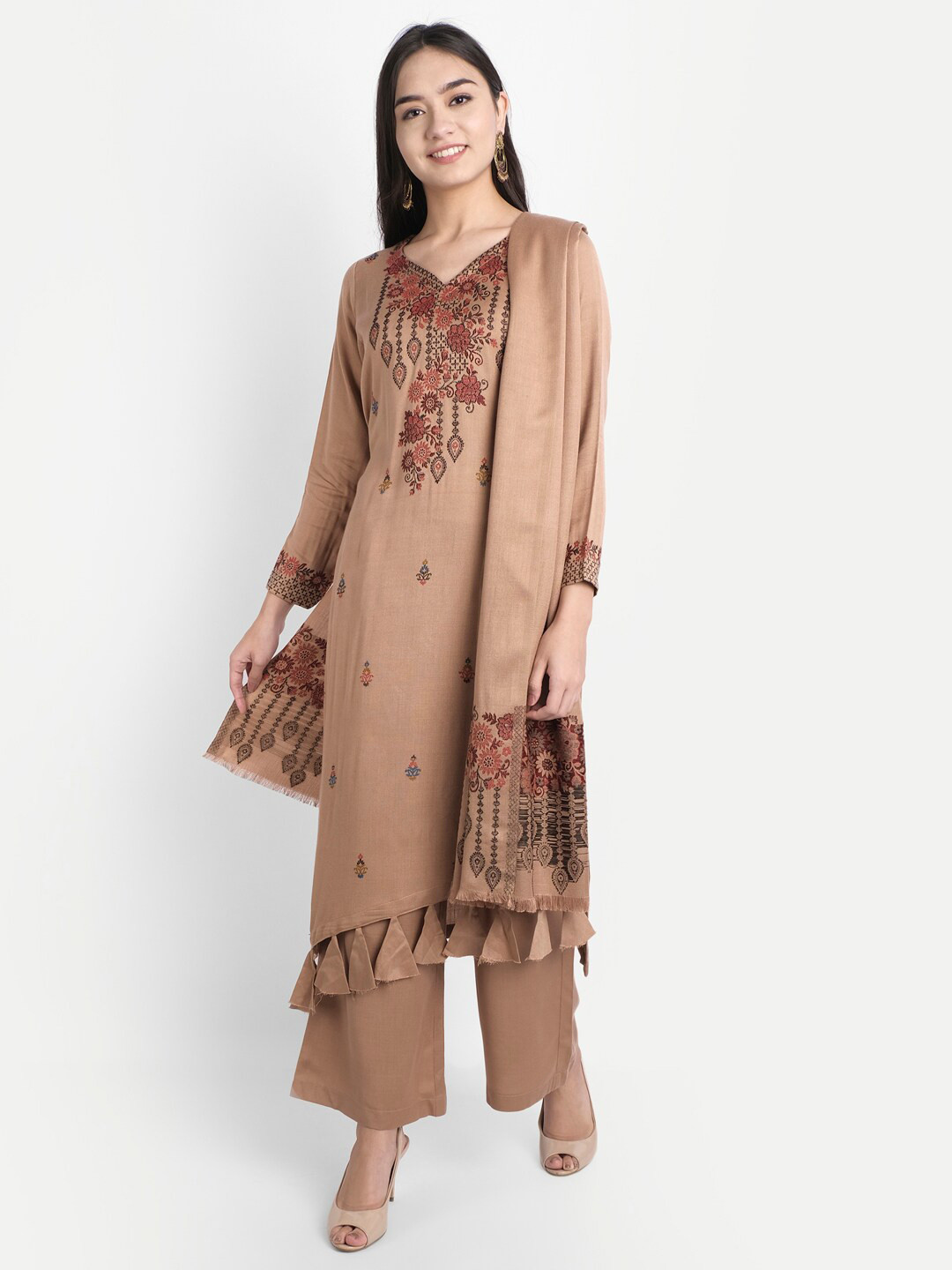 HK colours of fashion Brown & Red Woven Design Viscose Rayon Unstitched Dress Material