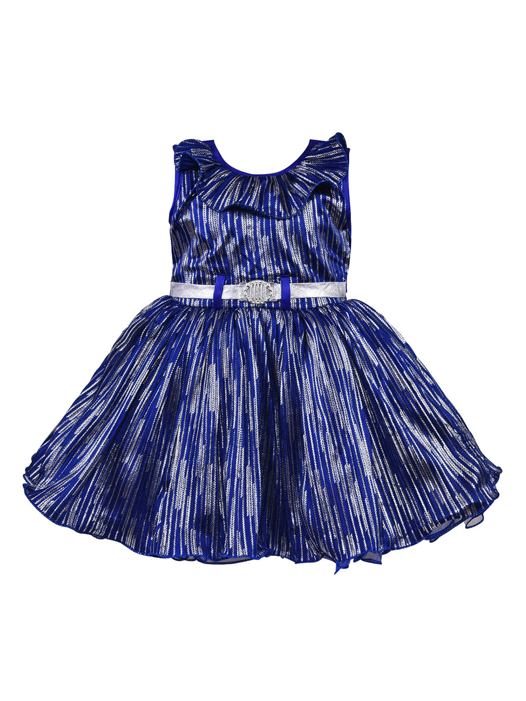 Wish Karo Blue & Silver-Toned Striped Satin Fit & Flare Dress