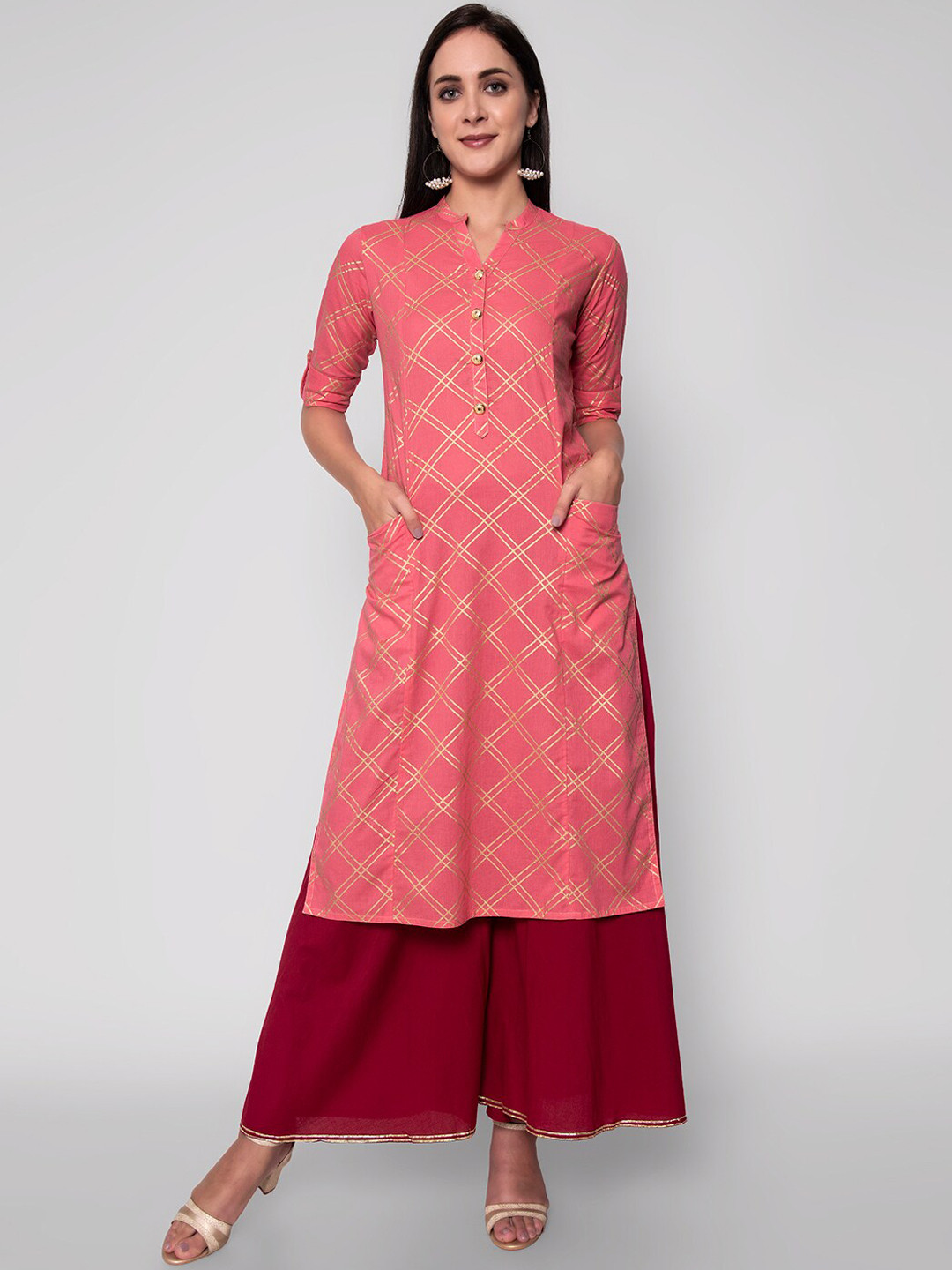 Wodreams Women Pink & Gold Foil Printed Printed Kurta