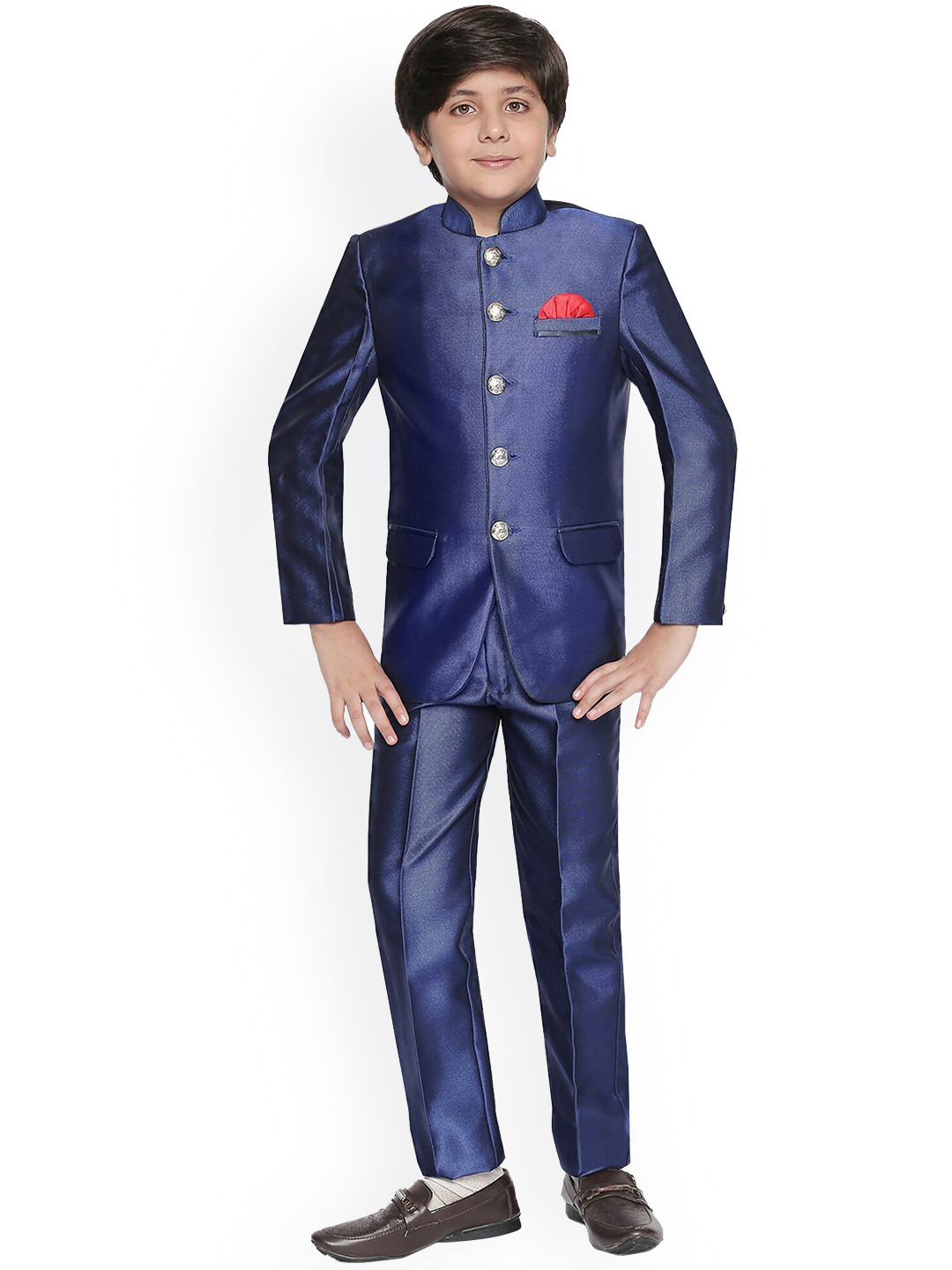 Jeetethnics Boys Navy Blue Solid Bandhgala Party Suit