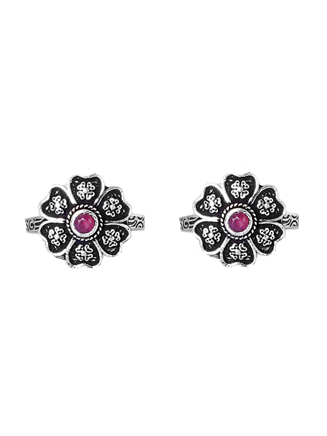 TEEJH Pink & Silver Set of 2 Ruhi Stone Oxidised Toe Rings