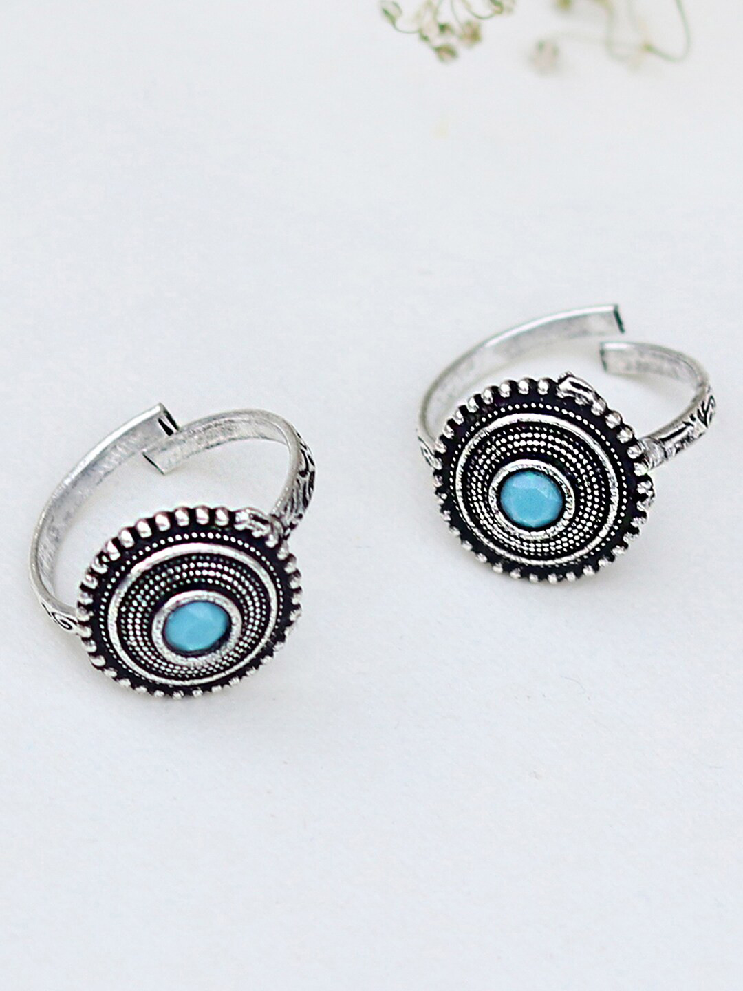 TEEJH Set Of 2 Oxidised Silver-Plated Blue Stone-Studded Toe Rings
