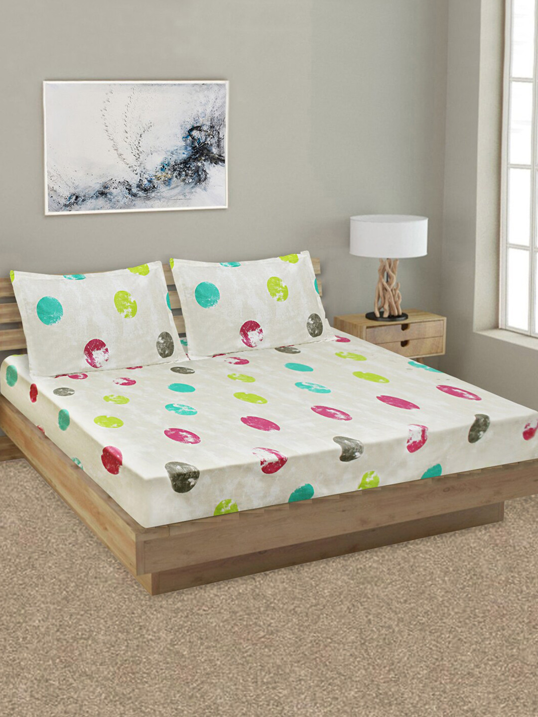 Aura Off White & Yellow Geometric 144 TC Queen Bedsheet with 2 Pillow Covers