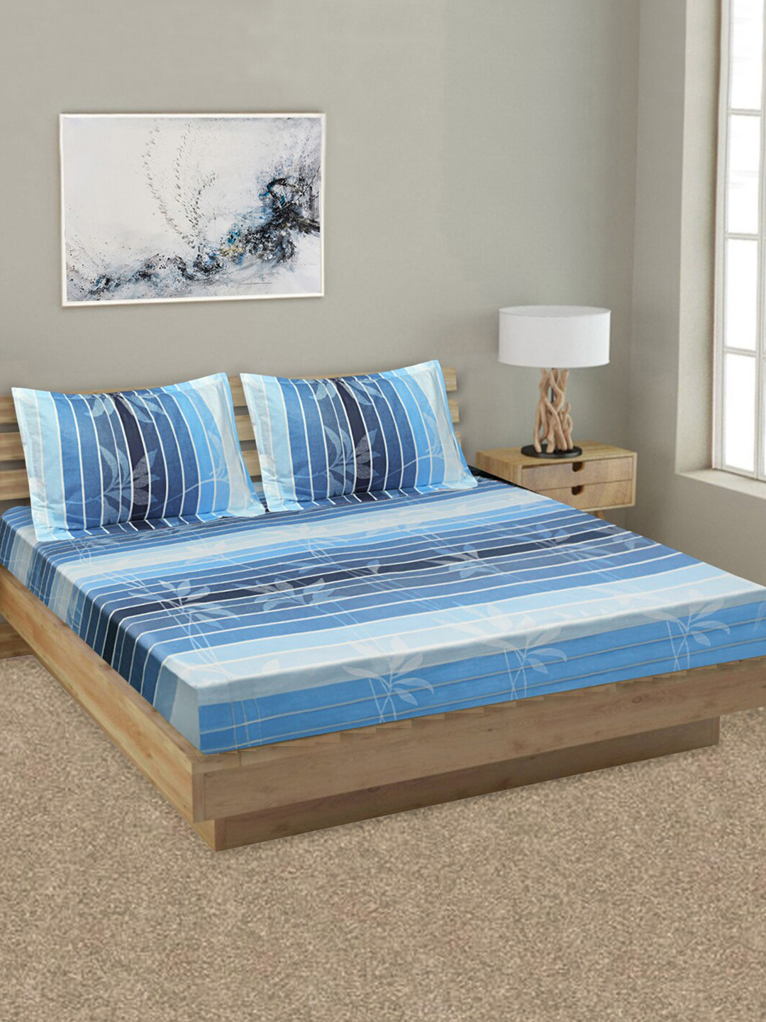 Aura Blue & Grey Striped 144 TC Queen Bedsheet with 2 Pillow Covers
