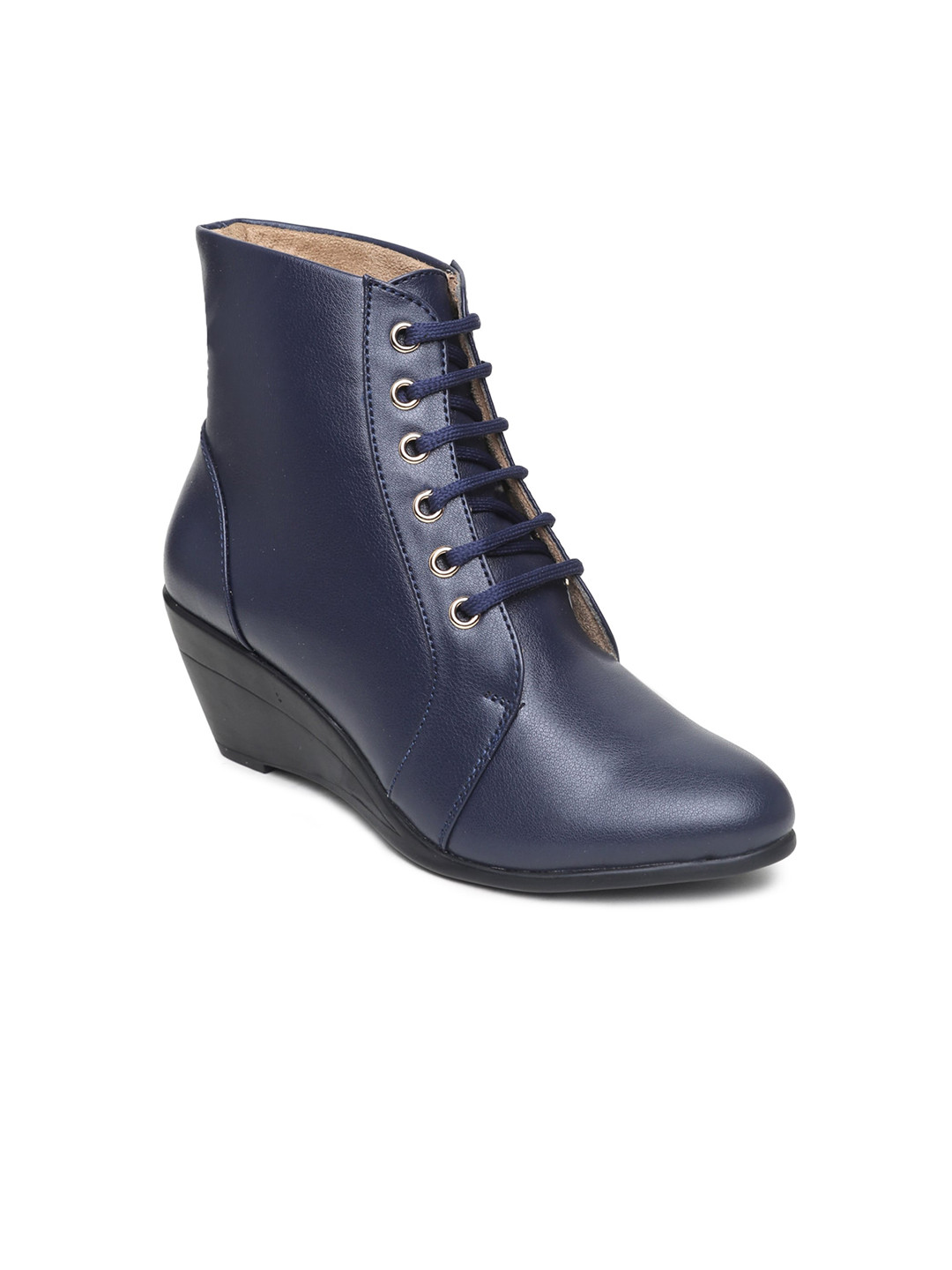 VALIOSAA Navy Blue High-Top Wedge Heeled Boots