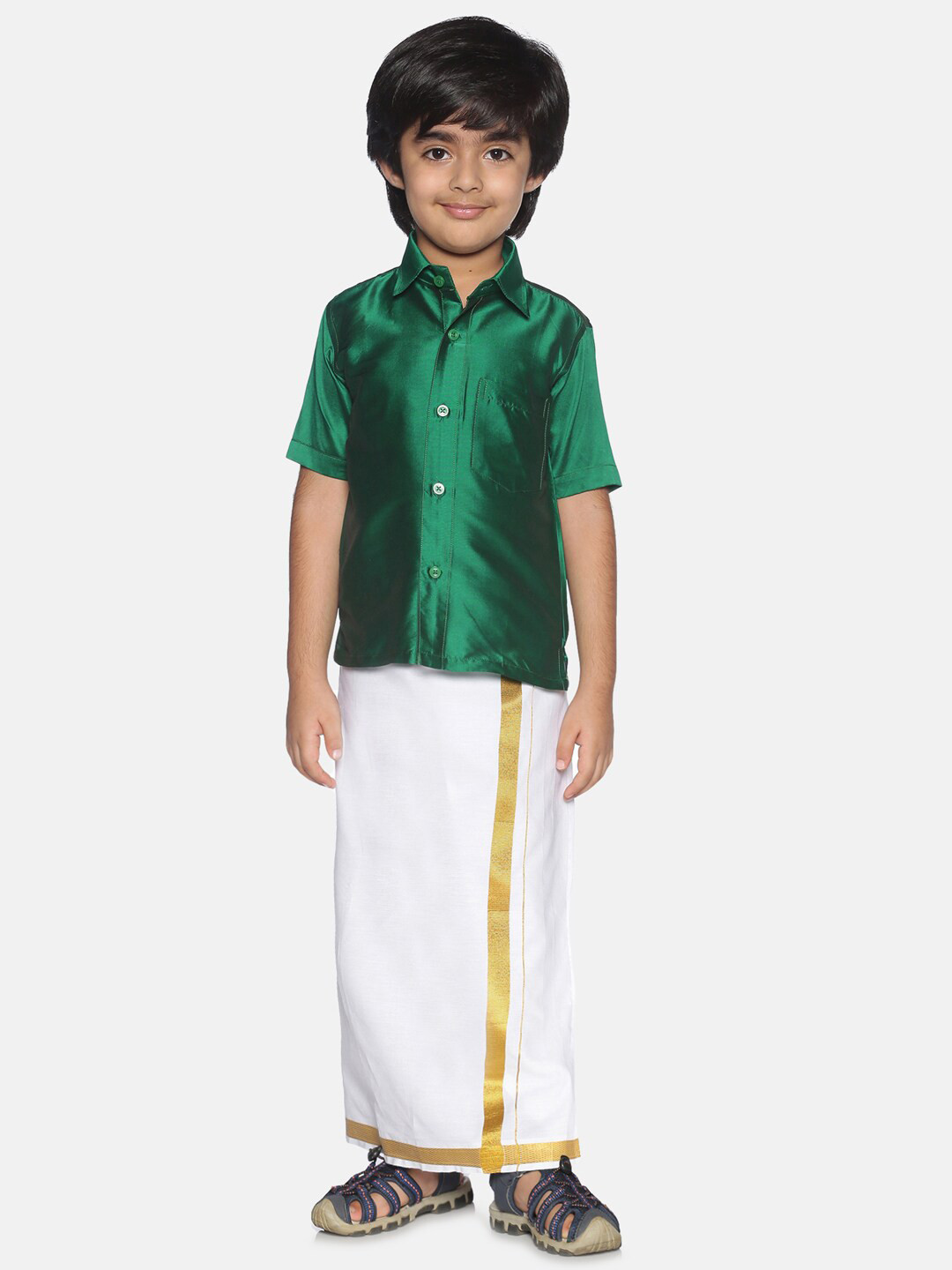 Sethukrishna Boys Green & White Solid Shirt and Dhoti Set