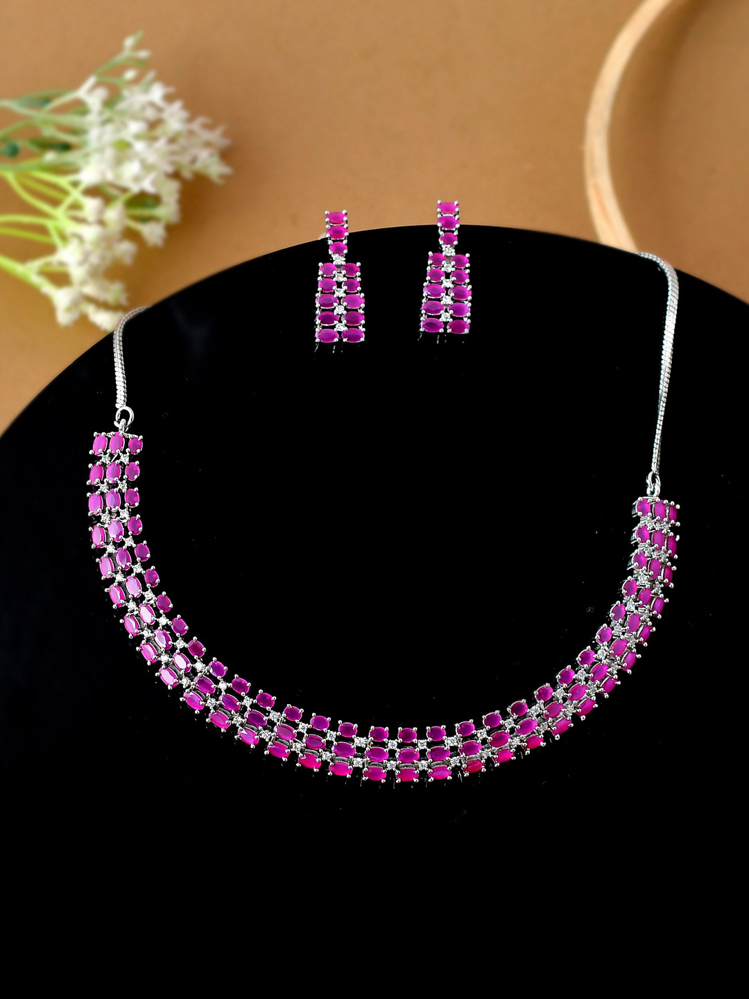 Shoshaa Silver-Plated Magenta Pink CZ Stone Studded Jewellery Set