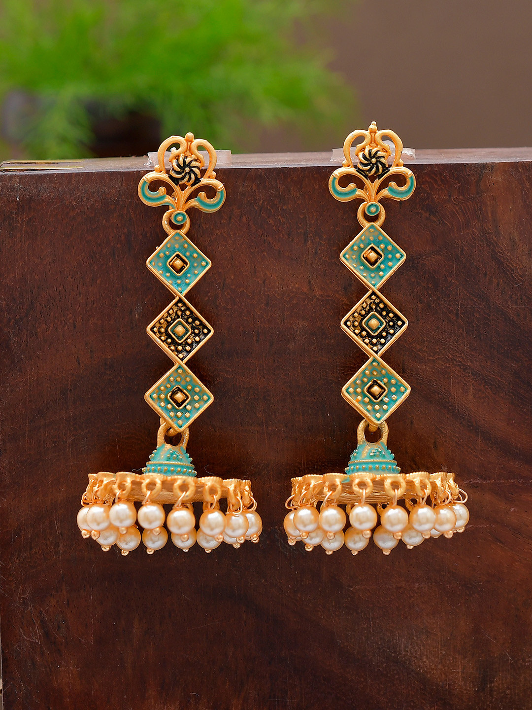 Shoshaa Gold-Toned & Green Contemporary Jhumkas Earrings