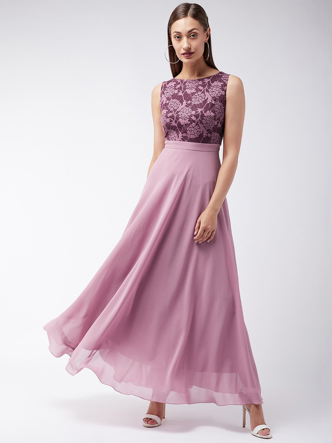 Miss Chase Lavender Floral Georgette Maxi Dress