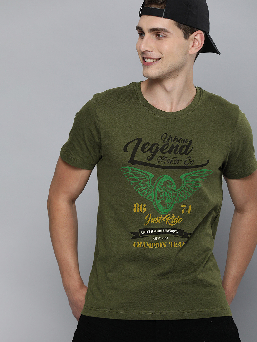 HERE&NOW Men Olive Green Biker Printed T-shirt